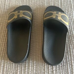 Salvatore Ferragamo Black and Gold Logo Slides-Size 7